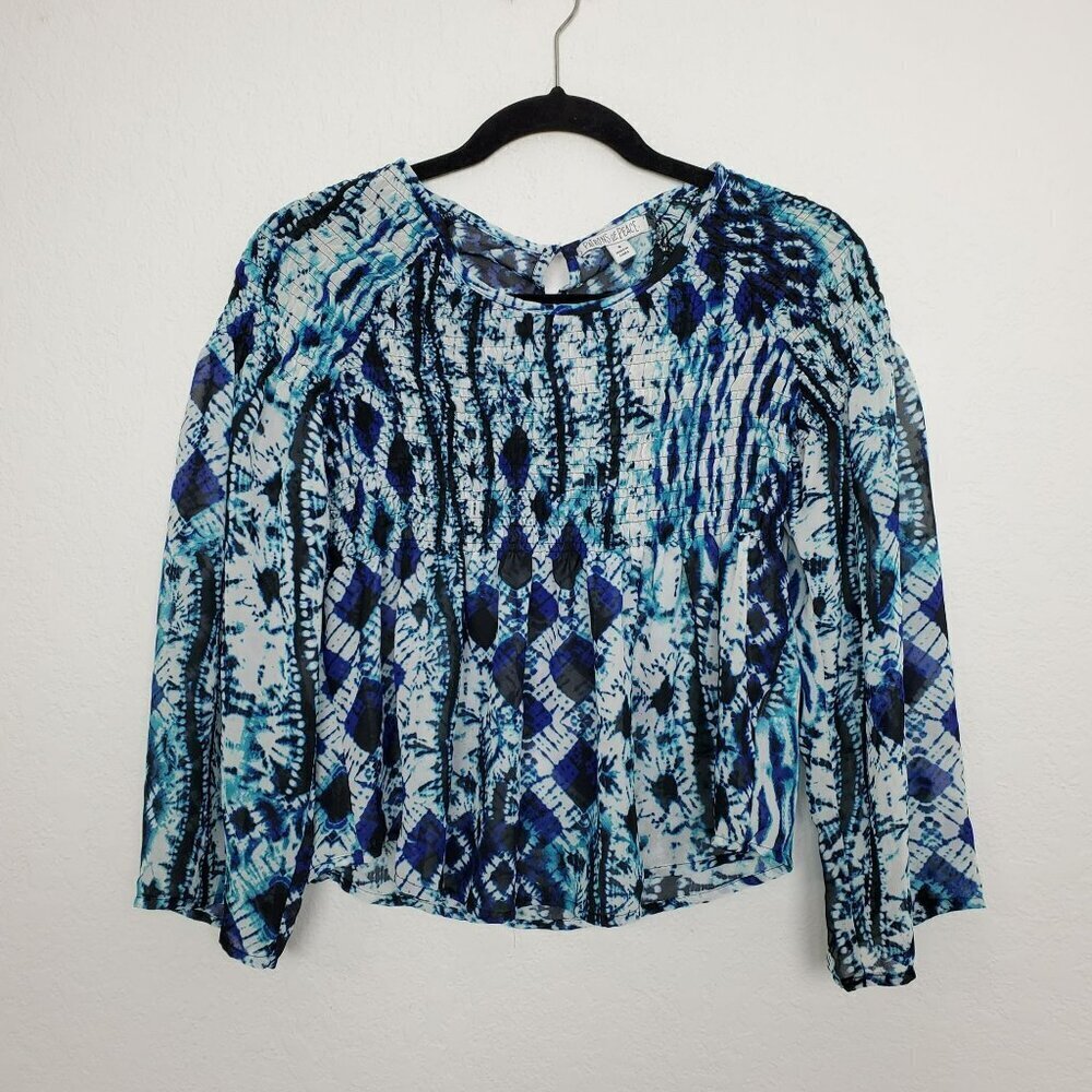 Patrons of Peace Womens Top Size S Smocked Chiffon Watercolor Tie Dye Blue